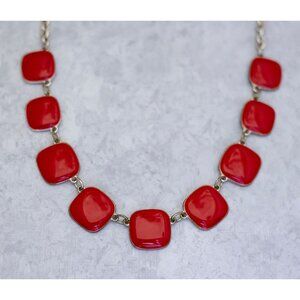 18 inch, Vintage Red Square Beads Art Deco Bib Necklace | CC1